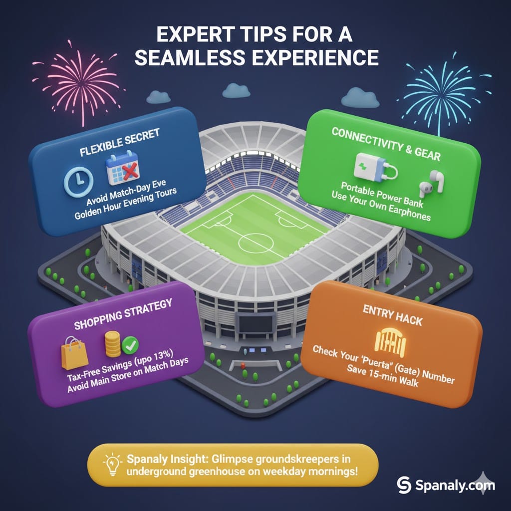 A colorful 3D isometric infographic of the Santiago Bernabéu stadium with floating 3D labels. Features include: Flexible Secret (Avoid Match-Day Eve), Connectivity & Gear (Power bank & earphones icon), Shopping Strategy (Tax-Free savings icon), and Entry Hack (Gate number icon). Bottom yellow 3D banner with Spanaly Insight. Style: Modern 3D rendering with vibrant colors. Logo: Spanaly.com.