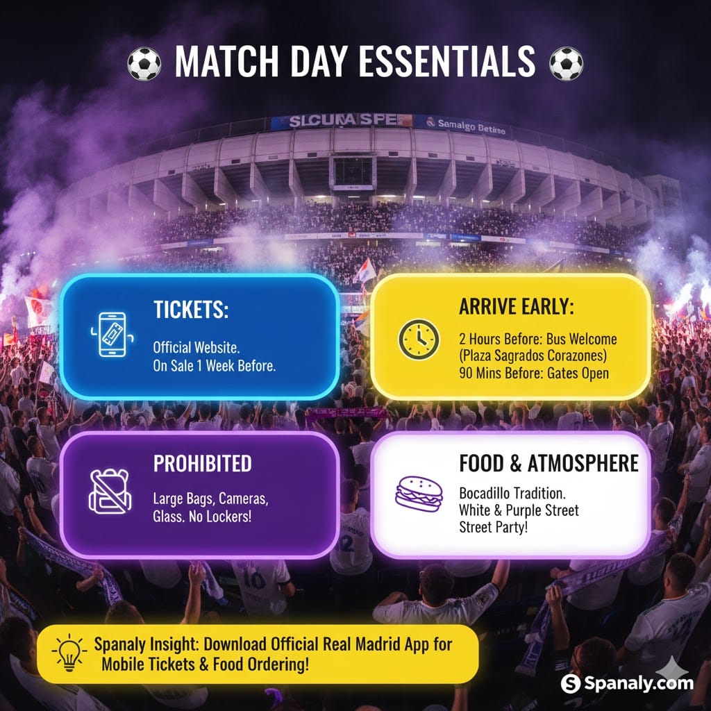 A colorful 1024x1024 infographic titled Match Day Essentials for Santiago Bernabéu. Four cards explain: Tickets (Official website, 1 week before), Arrive Early (2 hours before for Bus Welcome at Plaza Sagrados Corazones), Prohibited (No large bags or cameras, no lockers), and Food (Bocadillo tradition, street party). Bottom yellow banner features a Spanaly Insight about the Real Madrid App. Logo: Spanaly.com.