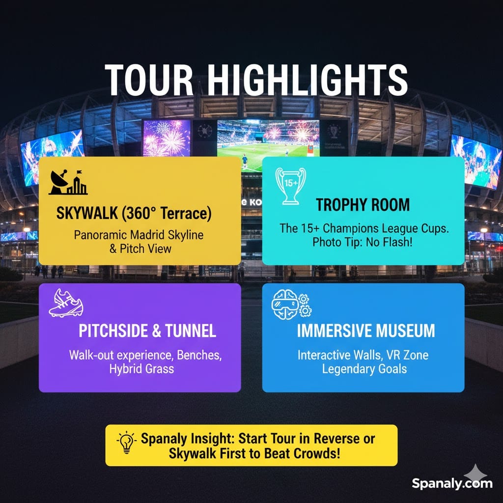 A colorful infographic showcasing the 2026 Santiago Bernabéu tour highlights. It includes four sections: Skywalk (360° Terrace with skyline views), Trophy Room (15+ Champions League cups), Pitchside & Tunnel (walk-out experience), and Immersive Museum (interactive VR zone). Features a Spanaly Insight tip to start the tour in reverse to beat crowds. Logo: Spanaly.com.