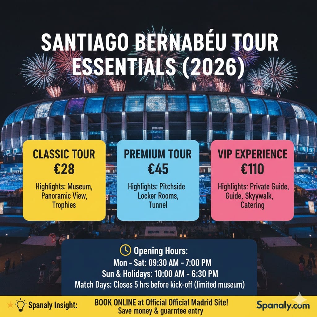 A colorful 1024x1024 infographic for the Santiago Bernabéu Tour 2026. It features three distinct cards: Classic Tour (€28 - Museum, View, Trophies), Premium Tour (€45 - Pitchside, Locker Rooms, Tunnel), and VIP Experience (€110 - Private Guide, Skywalk, Catering). The bottom section shows opening hours (Mon-Sat 09:30-19:00) and a Spanaly Insight tip to book online via the official site. Logo: Spanaly.com.