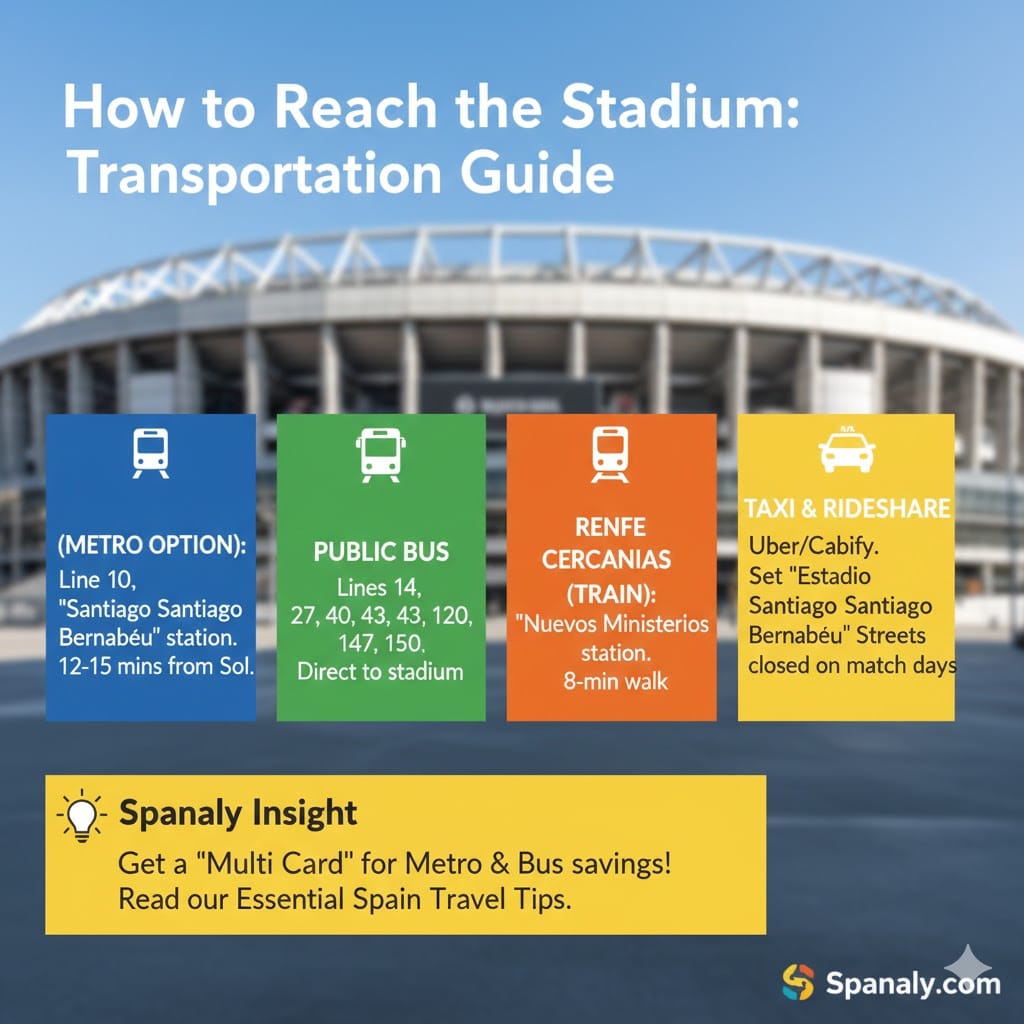 A colorful 1024x1024 infographic guide on how to reach Santiago Bernabéu Stadium. It features four transport options: Metro (Line 10, Santiago Bernabéu station), Public Bus (Lines 14, 27, 40, 147, 150), Renfe Cercanías Train (Nuevos Ministerios station, 8-min walk), and Taxi/Rideshare (Uber/Cabify). Bottom banner includes a Spanaly Insight about the Multi Card and Essential Spain Travel Tips. Logo: Spanaly.com.