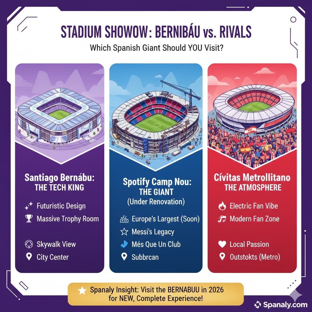 A colorful comparison infographic of three Spanish football stadiums: Santiago Bernabéu (The Tech King), Spotify Camp Nou (The Giant), and Cívitas Metropolitano (The Atmosphere). It lists key features for each, such as futuristic design for Bernabéu, massive scale for Camp Nou, and electric fan vibe for Metropolitano. A Spanaly Insight banner at the bottom recommends visiting Bernabéu in 2026. Logo: Spanaly.com.