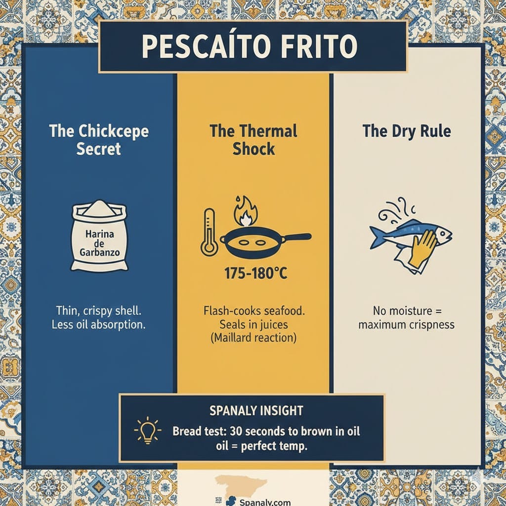 A technical infographic explaining the science of Pescaíto Frito, featuring the chickpea flour secret, optimal oil temperature at 175-180°C, and the dry rule for maximum crispness, including a Spanaly bread test tip.
