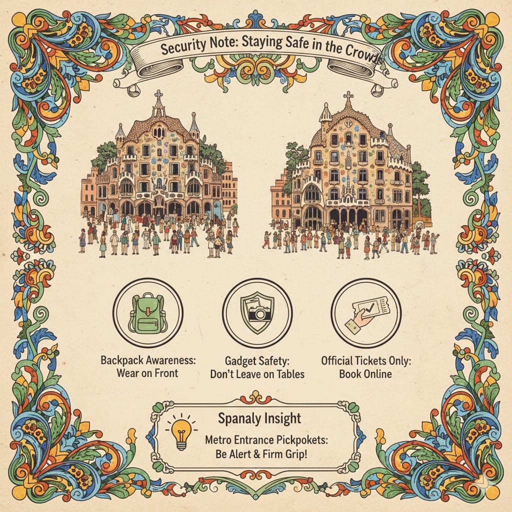A colorful safety infographic for tourists in Barcelona, showing tips on backpack awareness, gadget safety, and avoiding street ticket vendors near Casa Batlló and Casa Milà.