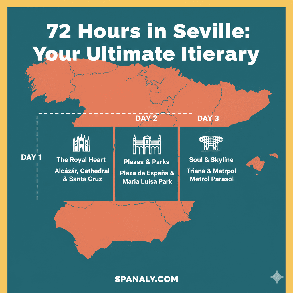 Infographic showing a 3-day Seville itinerary roadmap over a map of Spain, highlighting Day 1 (Royal Heart), Day 2 (Plazas & Parks), and Day 3 (Soul & Skyline) with Spanaly branding.