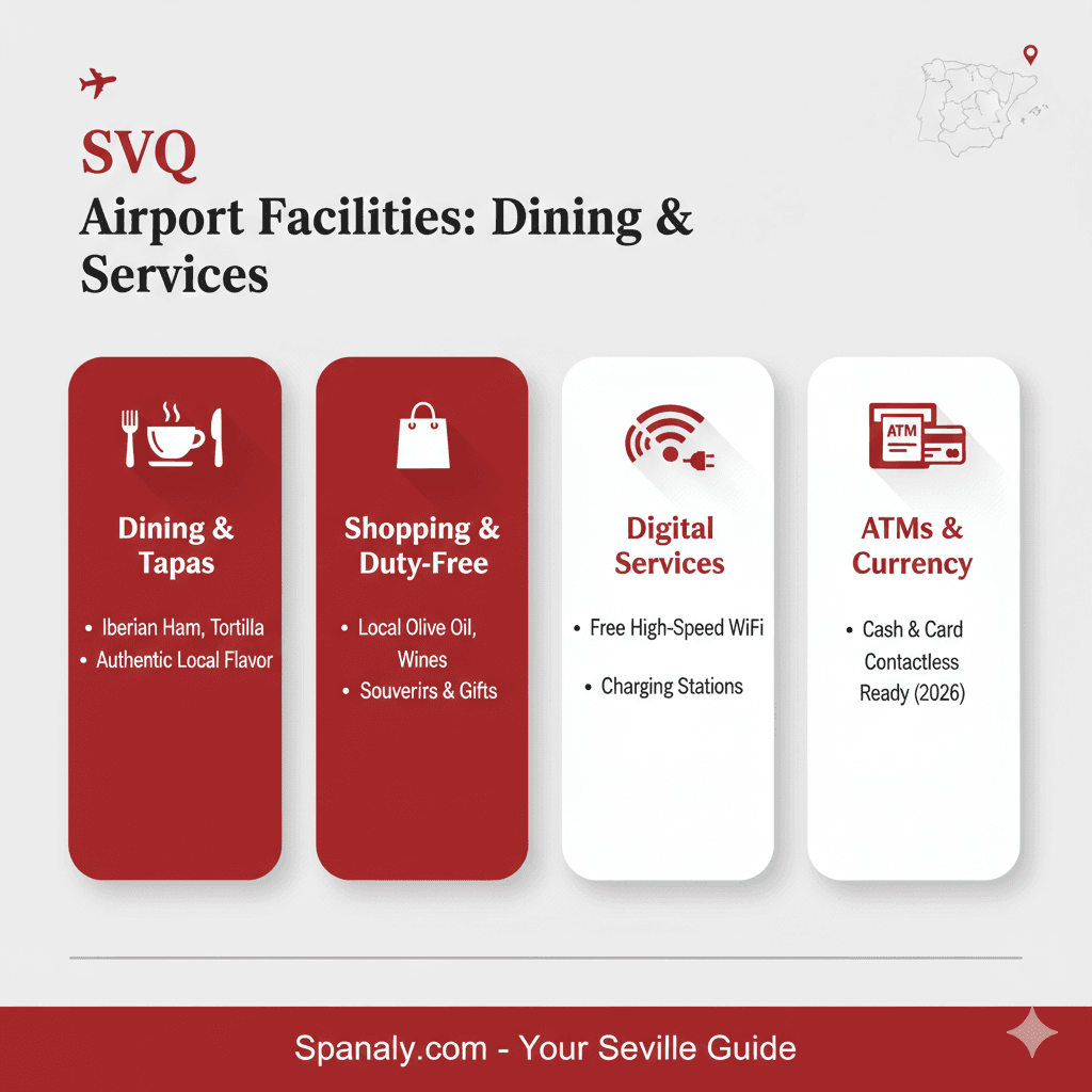 Infographic showing Seville Airport facilities including Andalusian dining options, duty-free shopping, free Wi-Fi, and ATM locations in Spanaly red and white style.