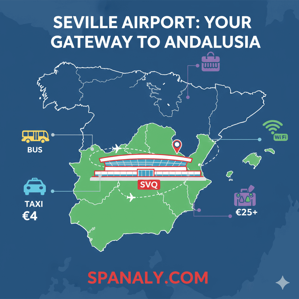 A professional 2026 guide featured image for Seville Airport (SVQ) featuring a prominent map of Spain, airport terminal icons, and Spanaly branding in vibrant red and white colors.