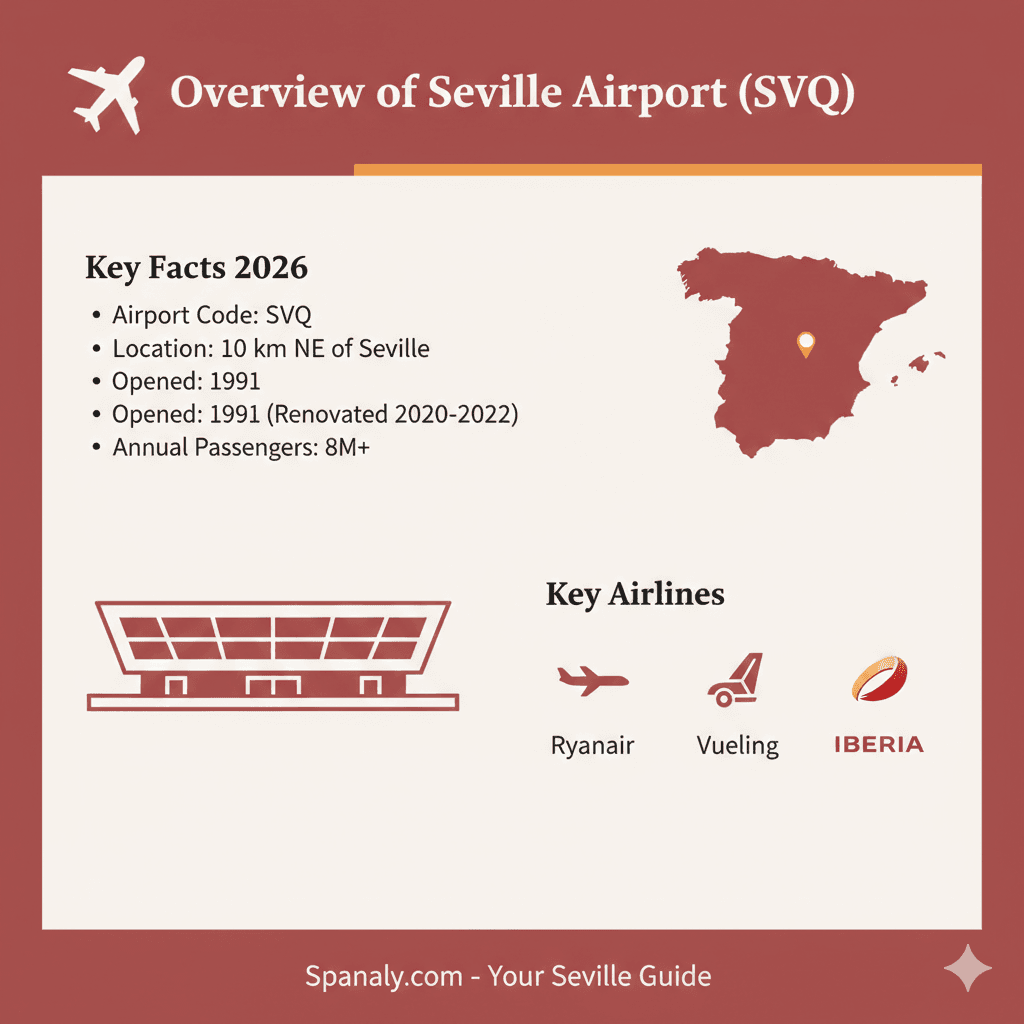 Infographic overview of Seville Airport (SVQ) featuring a map of Spain, airport location 10km from city center, and key stats in Spanaly red and white style.