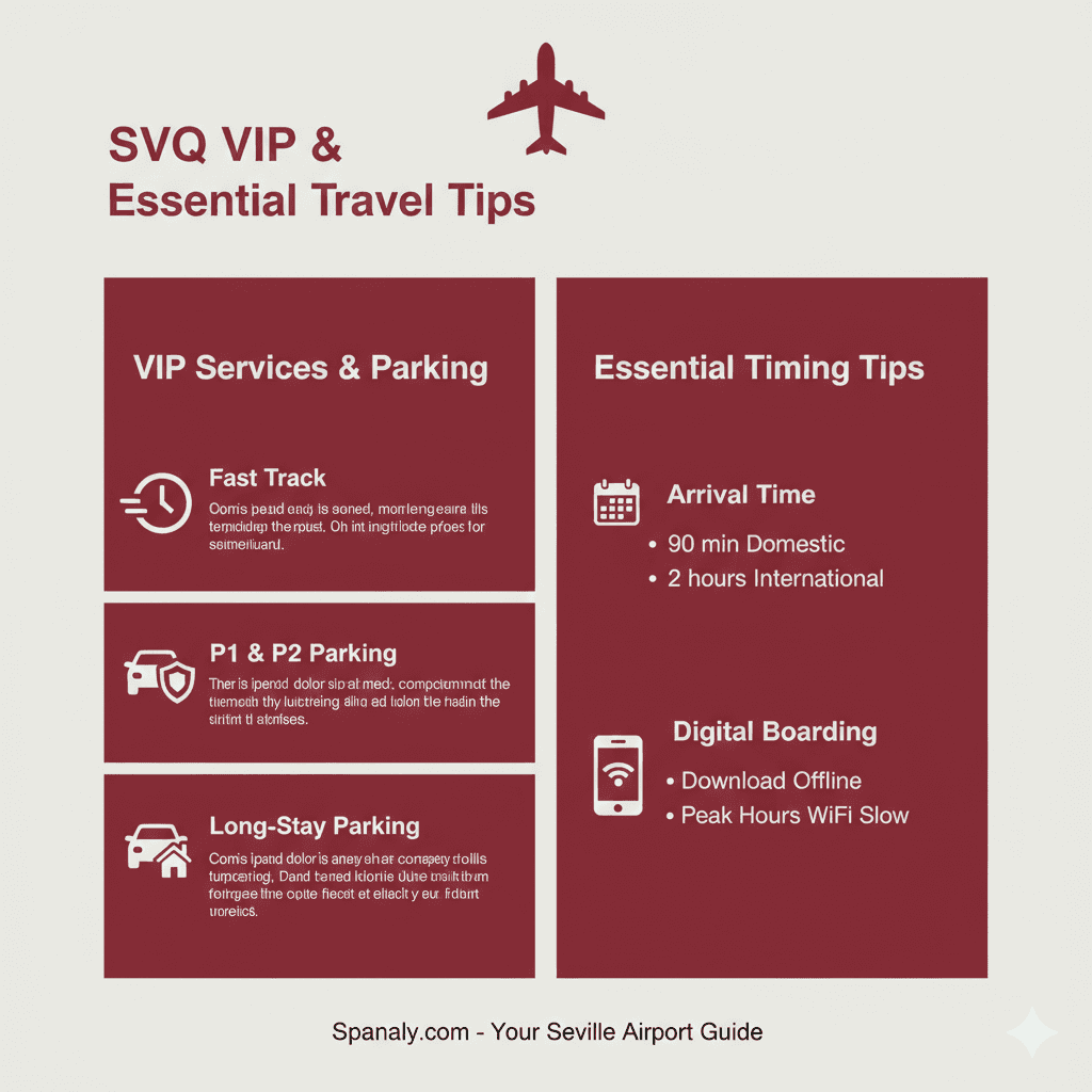 Infographic summarizing Seville Airport essential tips, including Fast Track services, parking options (P1, P2, Long-Stay), and arrival timing advice in Spanaly style.