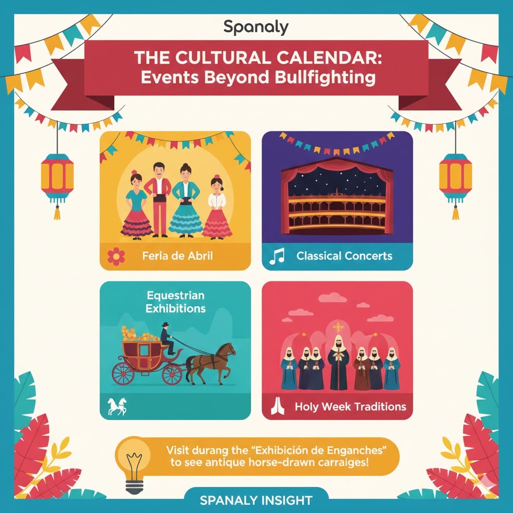 A colorful infographic titled The Cultural Calendar: Events Beyond Bullfighting, showcasing Feria de Abril festivities, classical concerts, equestrian exhibitions, and Holy Week traditions at the Real Maestranza in Seville.