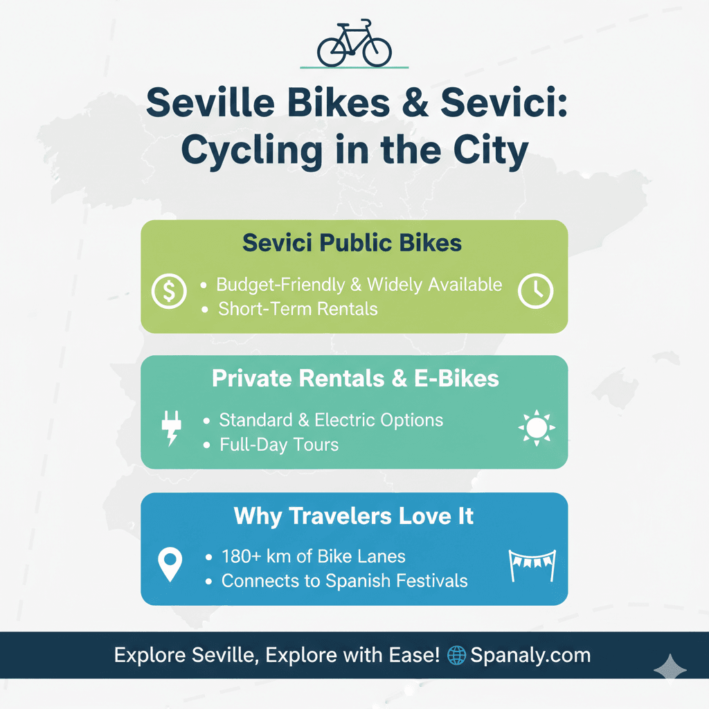 Infographic about cycling in Seville featuring Sevici public bikes, bike lane maps, and tips for tourists during Spanish Festivals with a Spain map background.