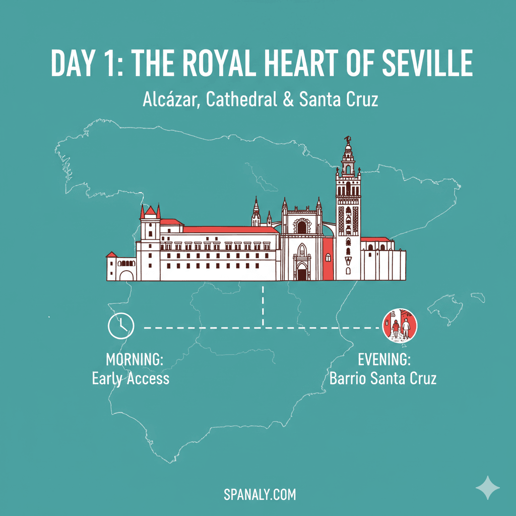 Infographic for Day 1 in Seville titled The Royal Heart of Seville, featuring icons of the Cathedral and Alcazar over a map of Spain with Spanaly branding.