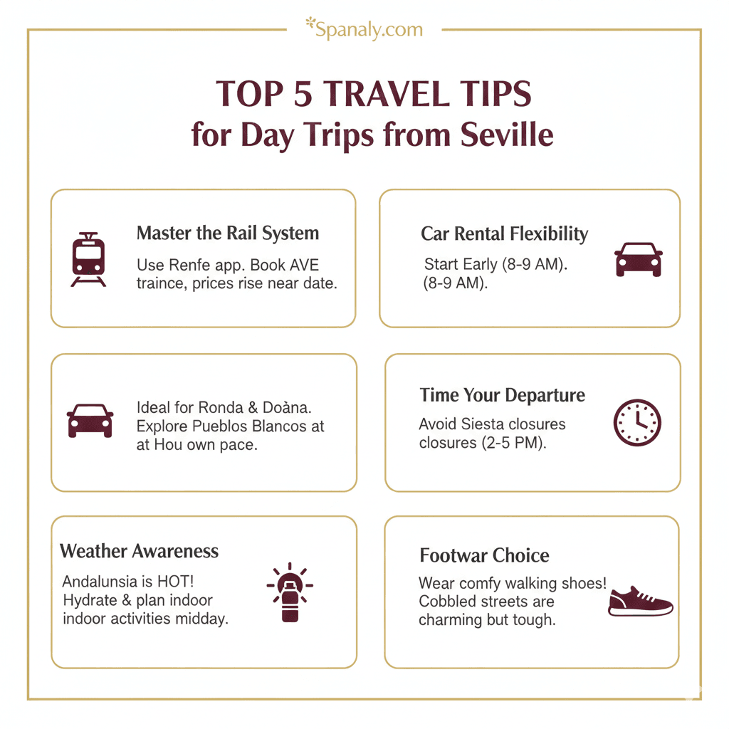 Essential travel tips for day trips from Seville, featuring advice on trains, car rentals, timing, and local weather by Spanaly.