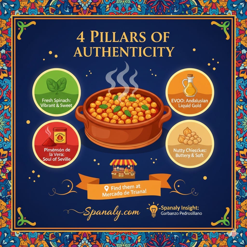 A colorful infographic of the 4 pillars of authentic Espinacas con Garbanzos including fresh spinach, Andalusian olive oil, Pimenton de la Vera, and nutty chickpeas by Spanaly.com.