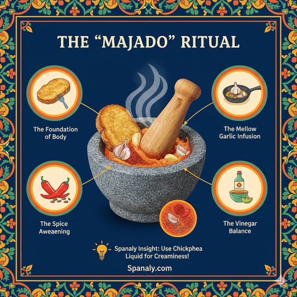 An educational food infographic showing the Majado ritual for Espinacas con Garbanzos, featuring a mortar and pestle with fried bread, garlic, spices, and vinegar by Spanaly.com.