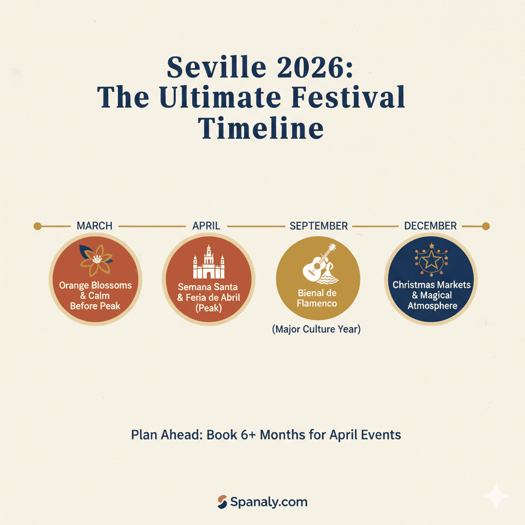 A detailed 2026 festival timeline for Seville, highlighting March Orange Blossoms, April Holy Week and Feria, September Flamenco Biennial, and December Christmas markets with Spanaly branding.