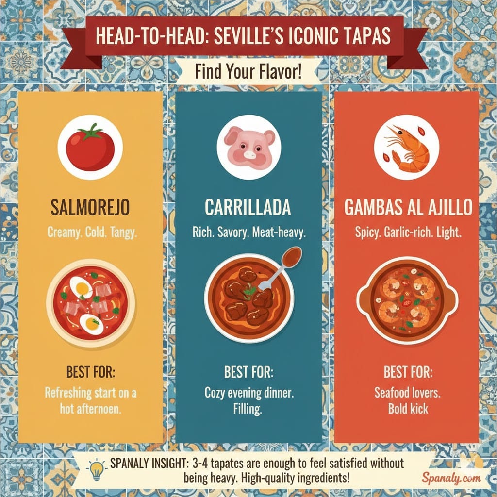 A colorful infographic titled Head-to-Head: Seville's Iconic Tapas, comparing Salmorejo, Carrillada, and Gambas al Ajillo with icons, flavor profiles, and best-use recommendations, plus a Spanaly insight about portion satisfaction.