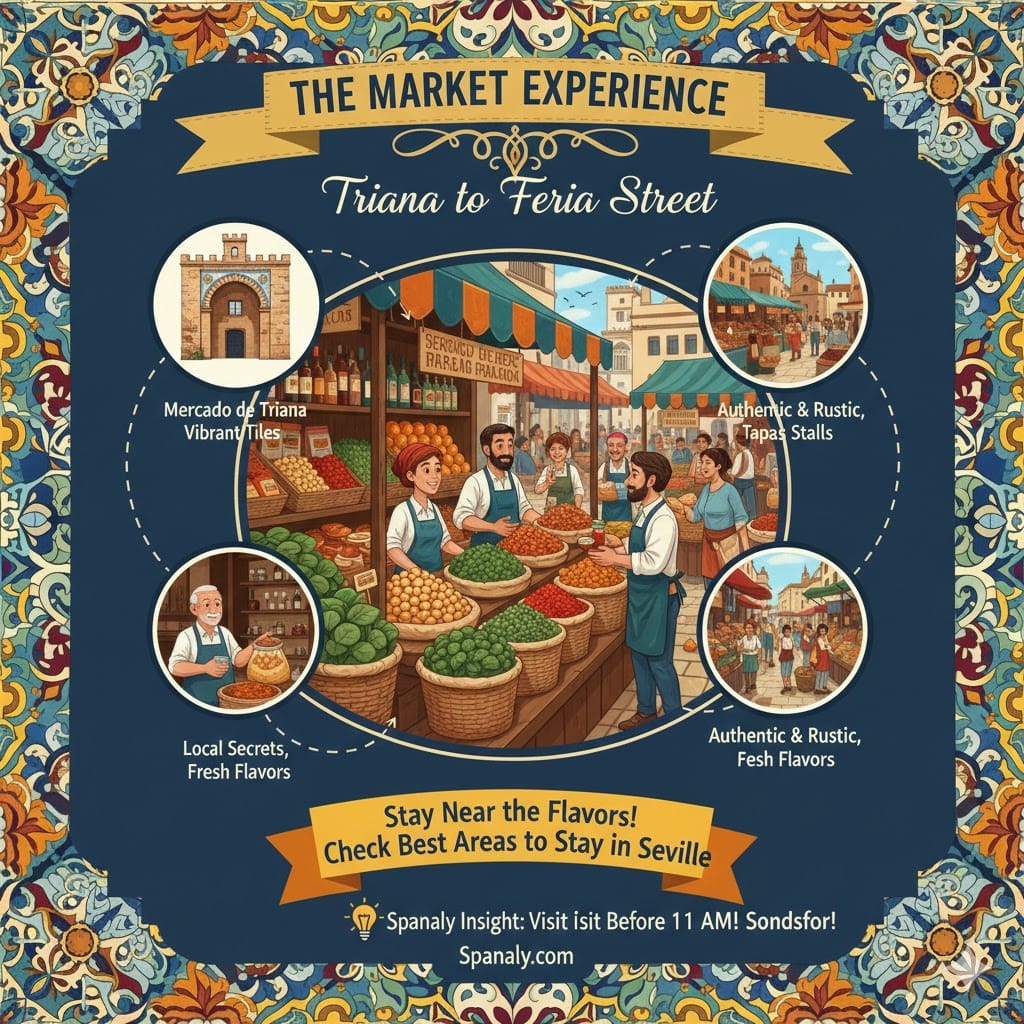 A colorful infographic of Seville's traditional markets including Mercado de Triana and Mercado de la Feria, showing fresh spinach, chickpeas, and local vendors by Spanaly.com.
