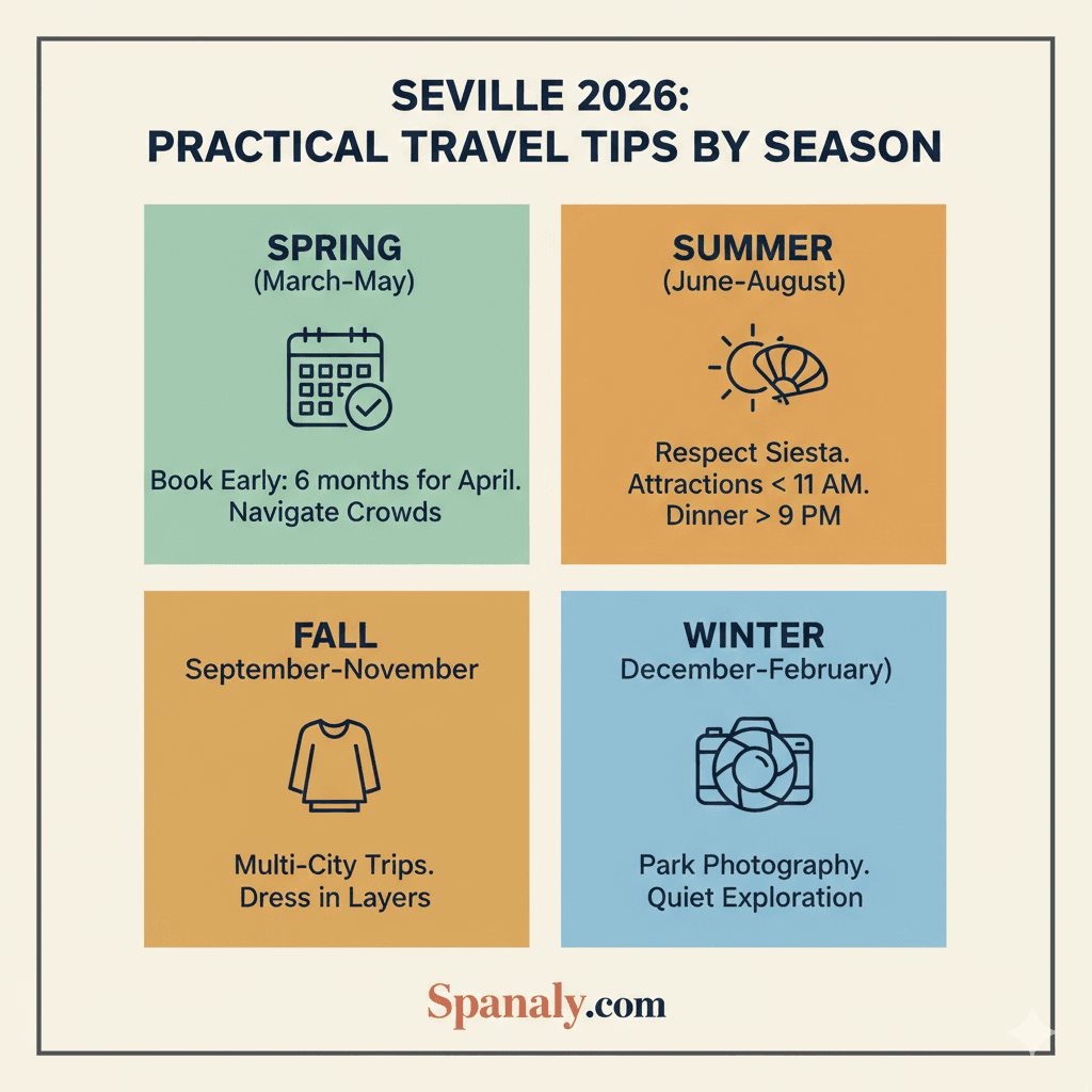 A professional 2026 seasonal travel checklist for Seville with icons for Spring, Summer, Autumn, and Winter practical advice by Spanaly.