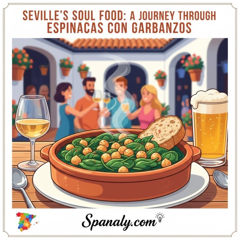 A vibrant artistic illustration of Seville's soul food, Espinacas con Garbanzos, featuring a traditional tavern scene with a map of Spain and Spanaly.com branding.