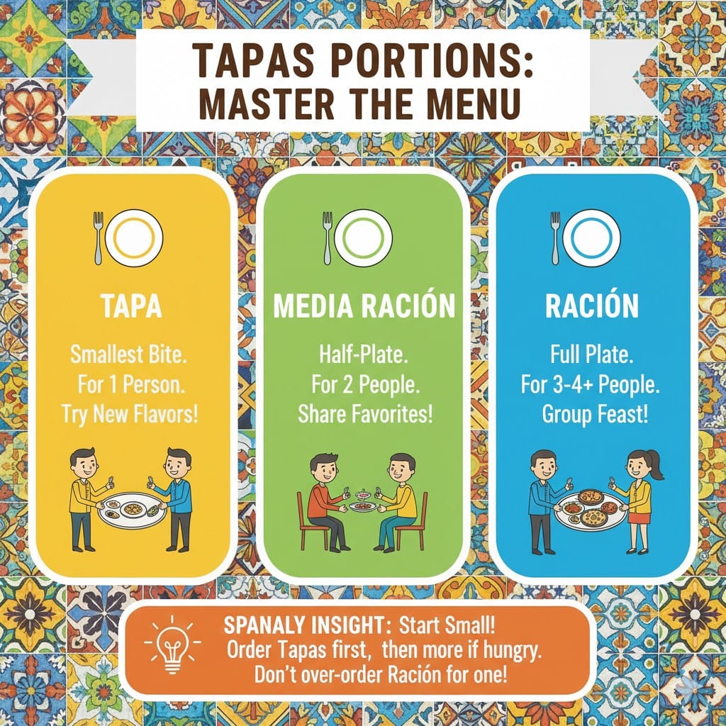 A colorful infographic titled Tapas Portions: Master the Menu, showing the differences between Tapa, Media Ración, and Ración with illustrations of people sharing food and a Spanaly insight about starting with small portions.