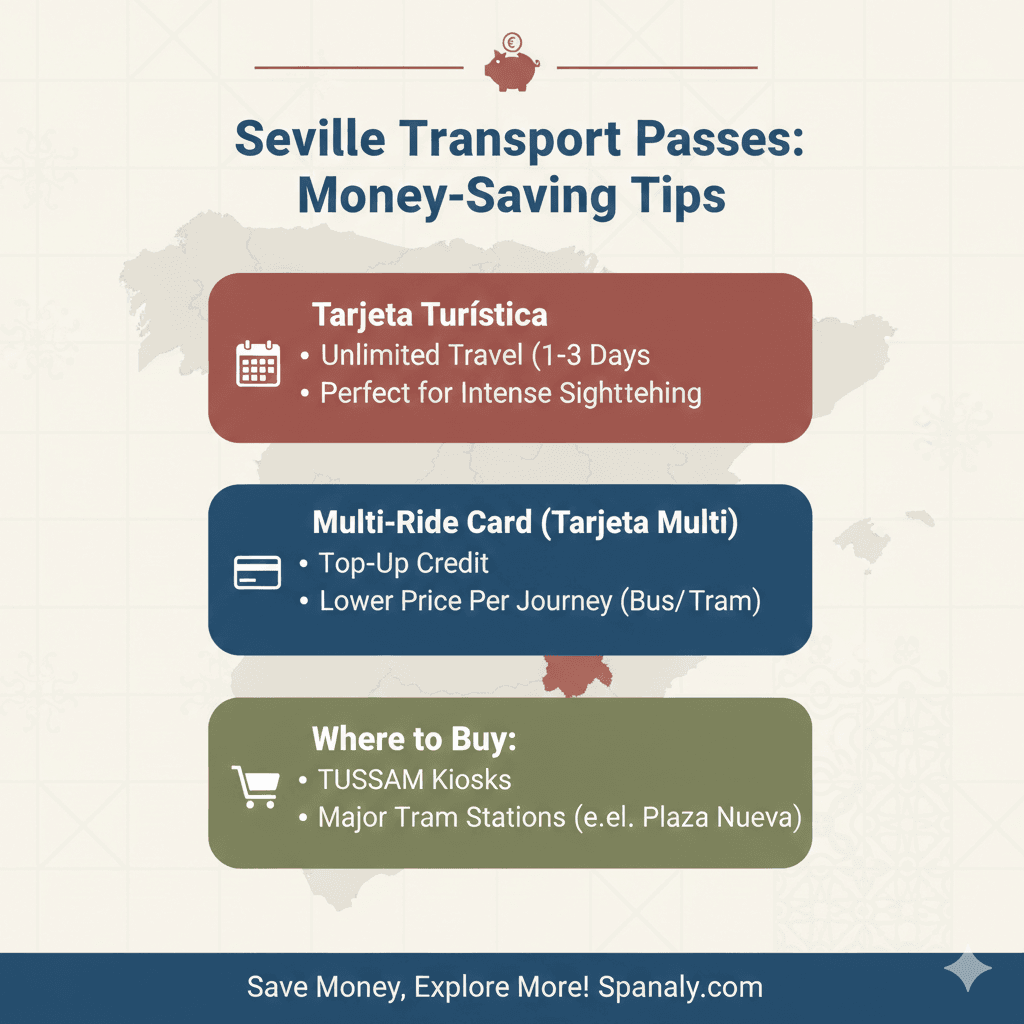Infographic displaying money-saving tips for Seville transport passes including Tarjeta Turística and multi-ride tickets with a Spain map background for SEO.