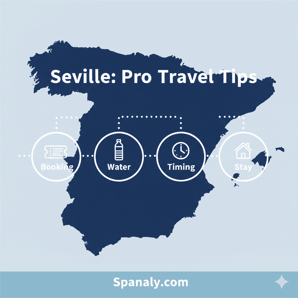 Professional 2026 travel infographic for Seville titled Pro Travel Tips, featuring high-contrast icons for Booking, Water, Timing, and Stay over a dark blue map of Spain with Spanaly branding.