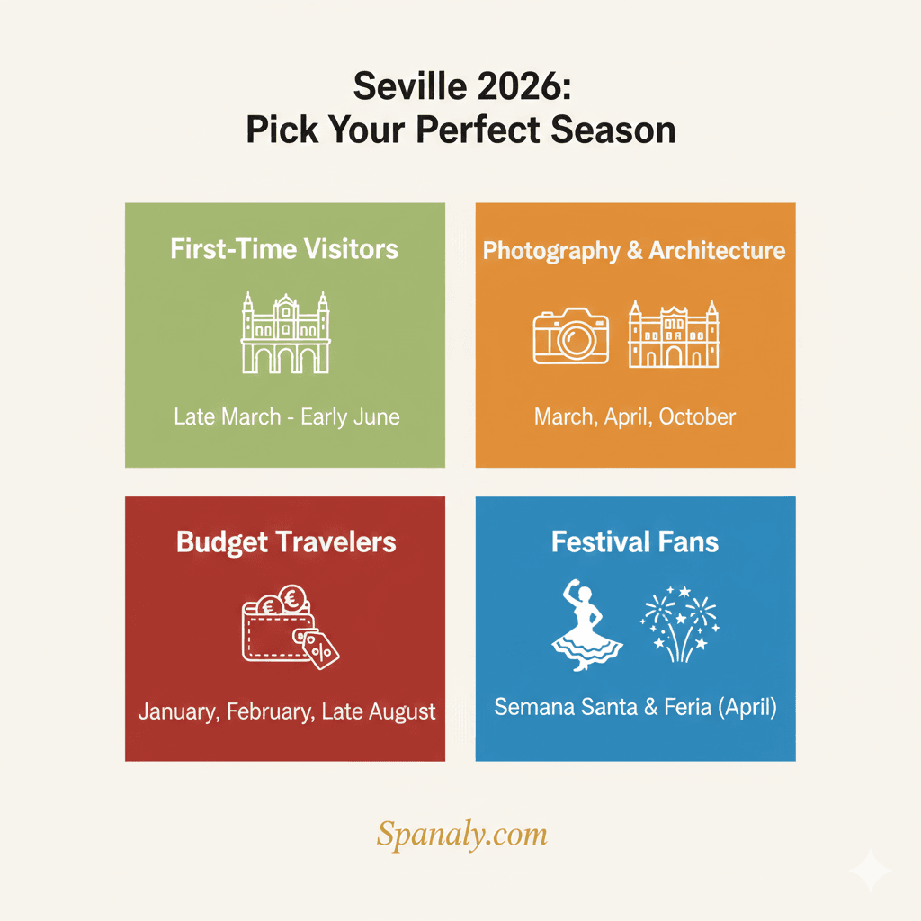 A professional 2026 travel guide infographic for Seville, categorizing the best visit times by travel style: First-Time Visitors, Photography Lovers, Budget Travelers, and Festival Fans with Spanaly branding.