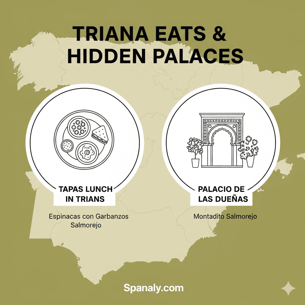 Travel infographic for Seville Day 3 titled Triana Eats & Hidden Palaces, featuring icons for Tapas lunch and Palacio de las Dueñas over an olive green map of Spain with Spanaly branding.