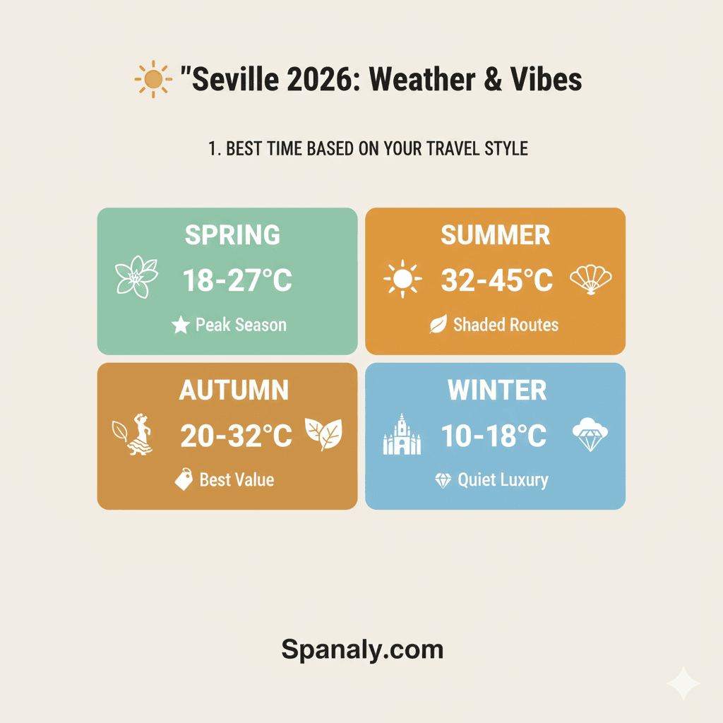 A professional 2026 weather guide for Seville in a bento-grid layout, showing Spring 18-27°C, Summer 32-45°C, Autumn 20-32°C, and Winter 10-18°C with expert tips and Spanaly branding.