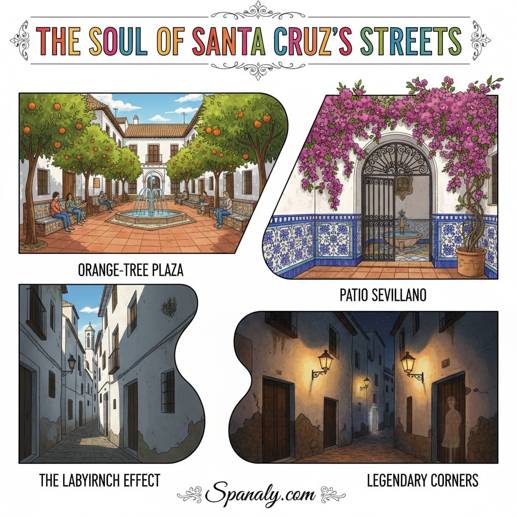 A colorful artistic infographic titled "The Soul of Santa Cruz's Streets". It features four hand-drawn illustrations in organic shapes: an orange-tree plaza with benches, a traditional Sevillian patio with blue tiles and bougainvillea, a narrow shaded labyrinth alley, and a mysterious legendary corner at night. Created by Spanaly.com.