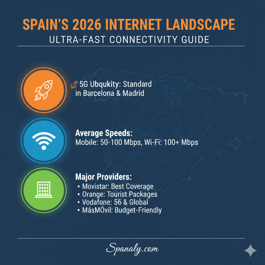 A professional 2026 infographic titled Spain's 2026 Internet Landscape, showing 5G availability in Madrid and Barcelona, average speeds, and a list of major providers like Movistar and Orange on a digital map background with Spanaly.com branding.