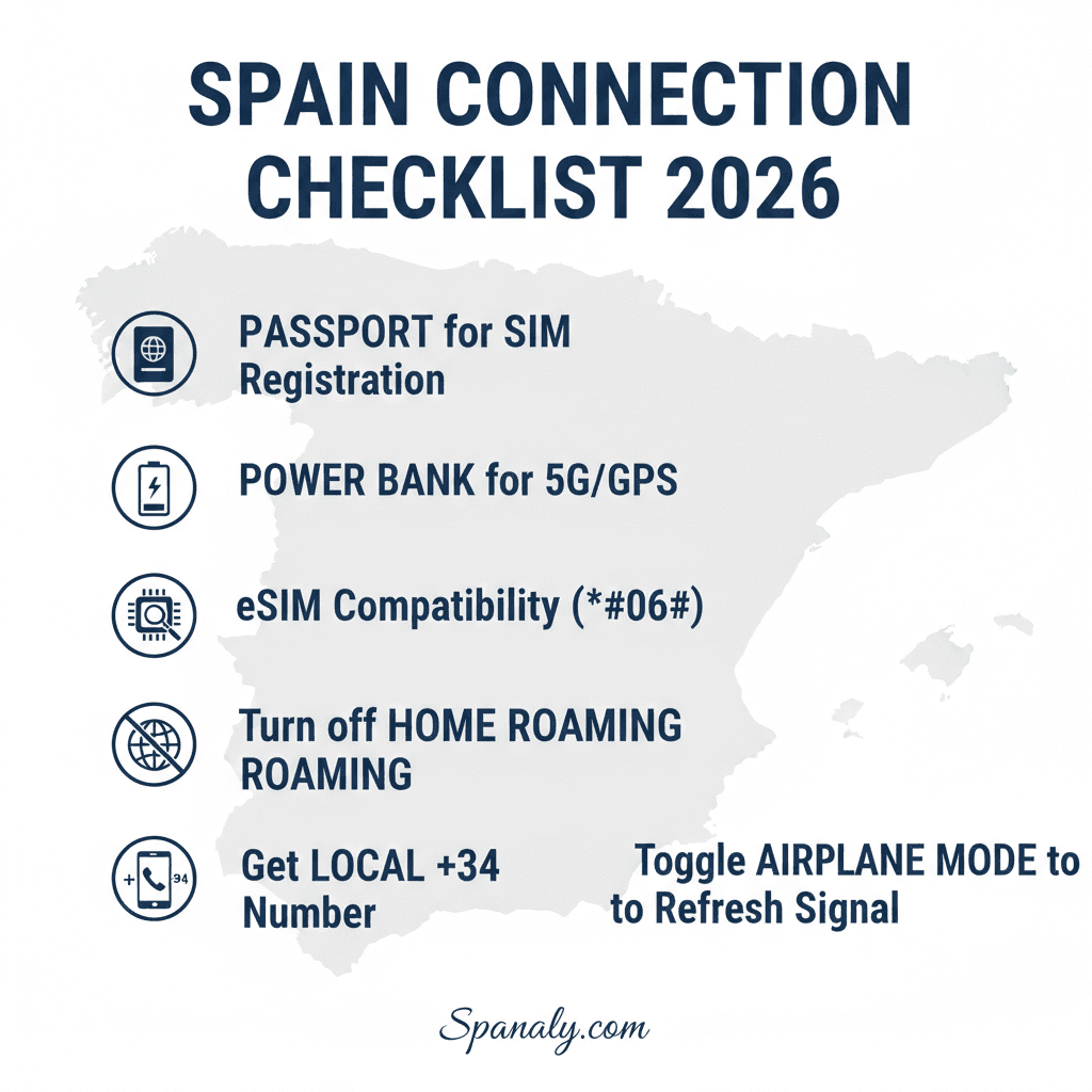 A comprehensive 2026 checklist infographic for staying connected in Spain, featuring essential tips like passport registration for SIMs, power bank necessity for 5G, eSIM compatibility, and local number benefits, branded by Spanaly.com.