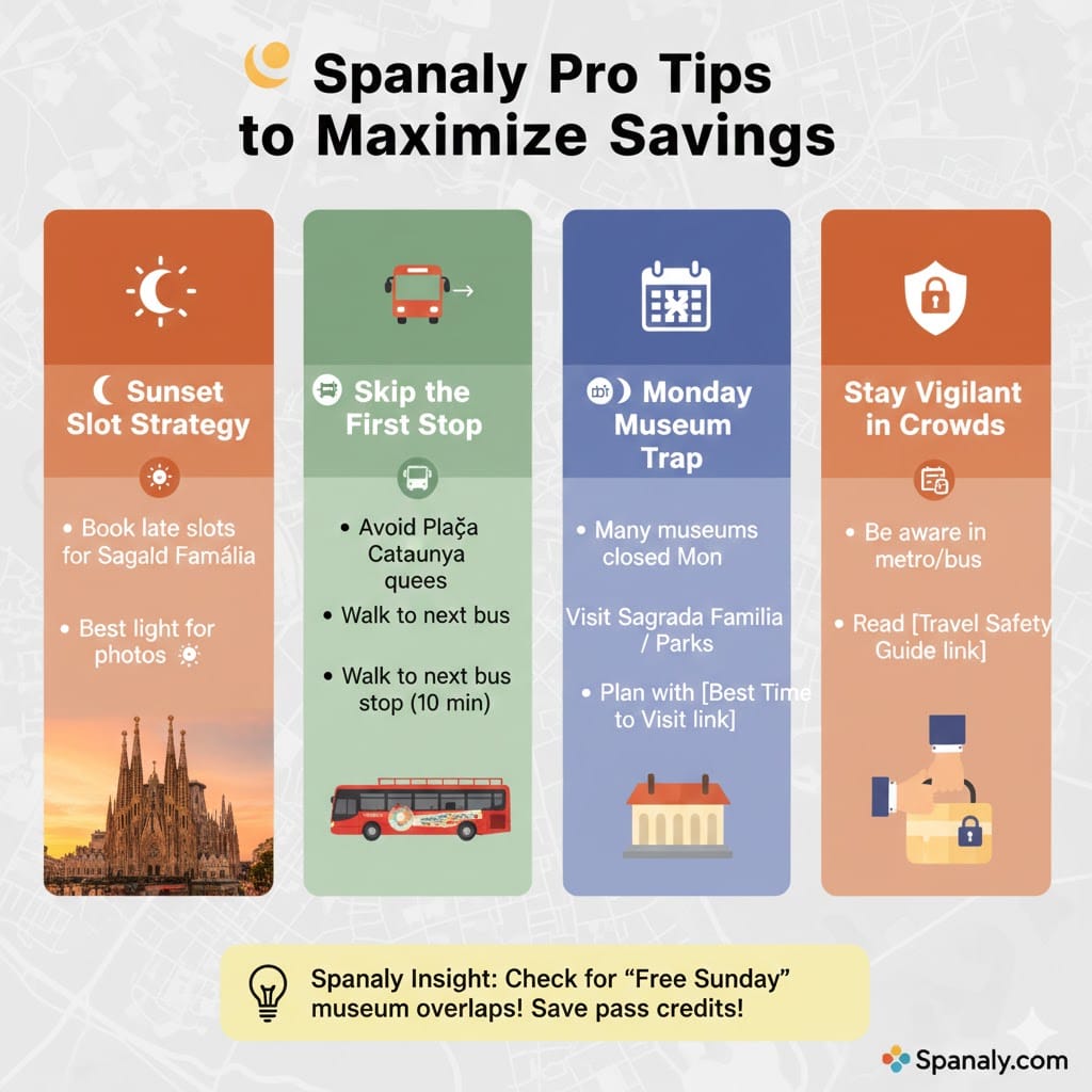 An infographic highlighting four pro tips for Barcelona travelers: the Sunset Slot for Sagrada Família, skipping the first bus stop to avoid queues, the Monday Museum trap, and staying vigilant against pickpockets.