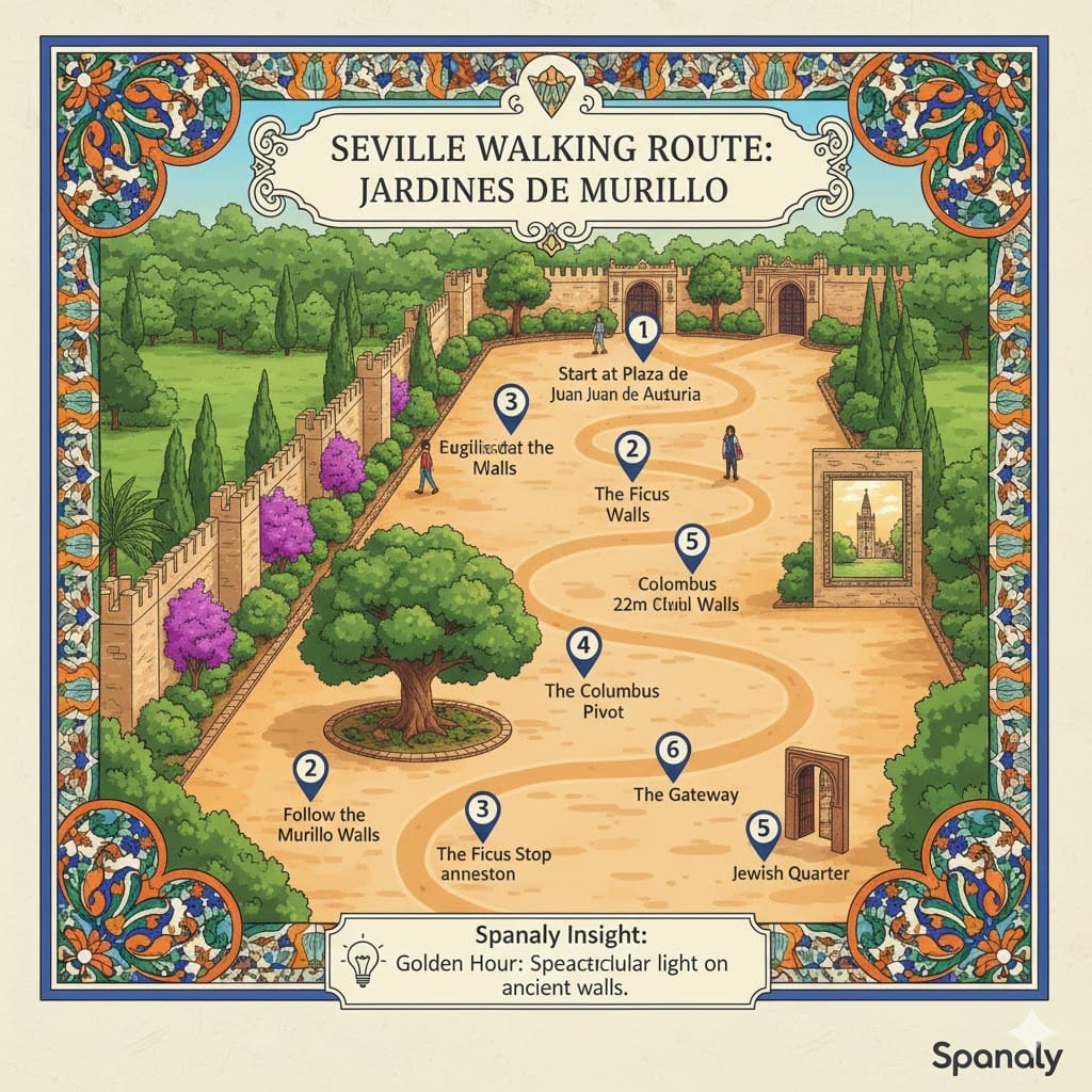A step-by-step visual map of the walking route in Jardines de Murillo, Seville, starting from Plaza de Don Juan de Austria, passing the ancient walls and Ficus trees, and ending at the Jewish Quarter gateway.