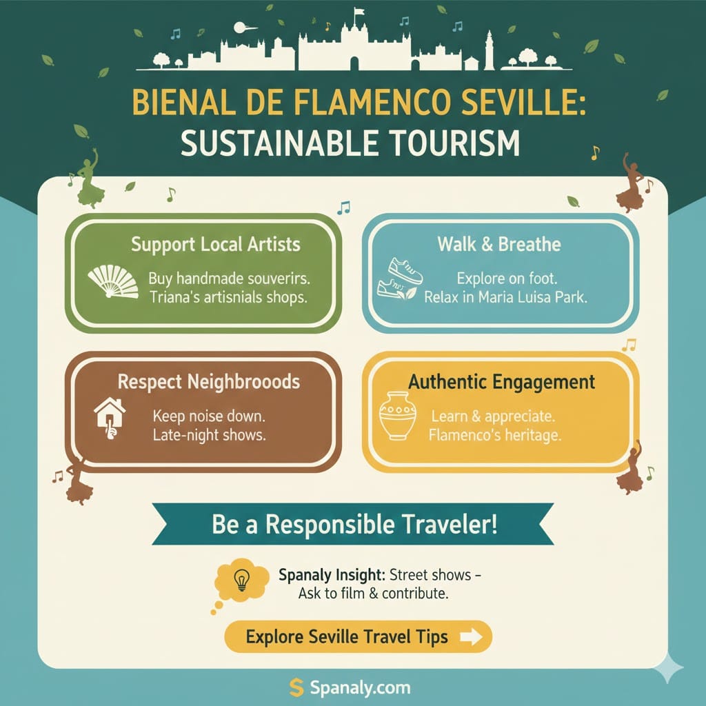 An eco-friendly infographic by Spanaly about sustainable tourism during the Bienal de Flamenco Seville, featuring tips on supporting local artists, walking through Maria Luisa Park, and respecting residential neighborhoods.