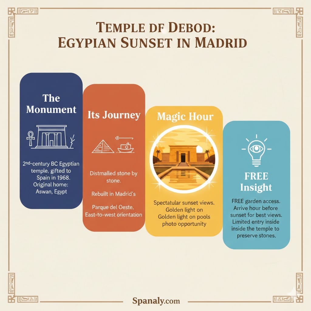 Informative infographic of the Temple of Debod in Madrid, explaining its Egyptian history, its journey from Aswan, and tips for viewing the sunset.