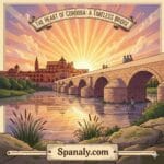 An artistic illustration of the Roman Bridge of Córdoba at sunset with the Mezquita in the background, featuring the Spanaly.com logo and a timeless travel atmosphere.