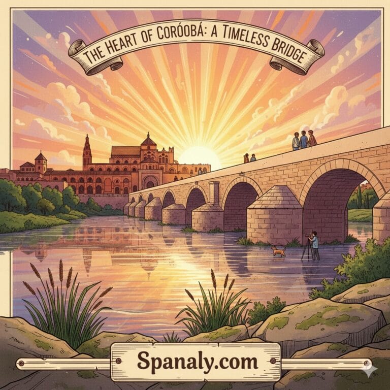 An artistic illustration of the Roman Bridge of Córdoba at sunset with the Mezquita in the background, featuring the Spanaly.com logo and a timeless travel atmosphere.