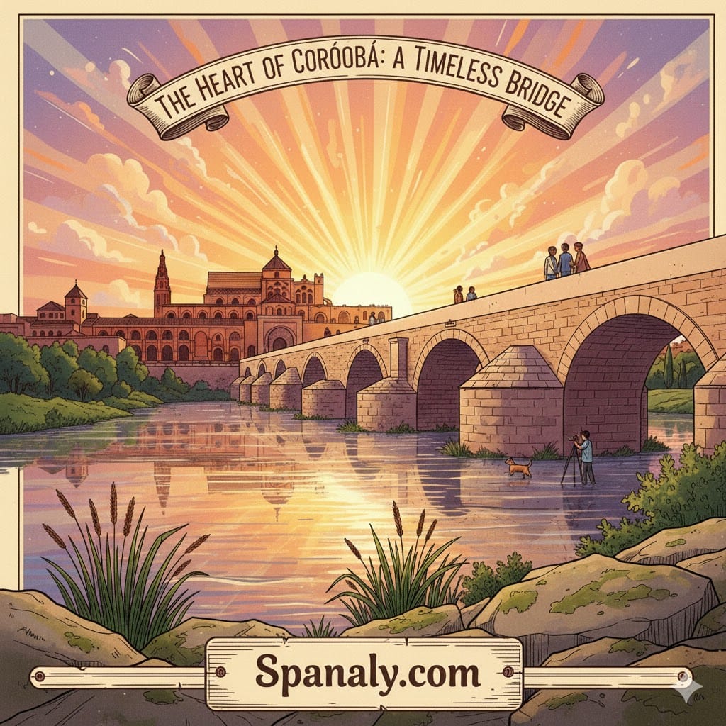 An artistic illustration of the Roman Bridge of Córdoba at sunset with the Mezquita in the background, featuring the Spanaly.com logo and a timeless travel atmosphere.