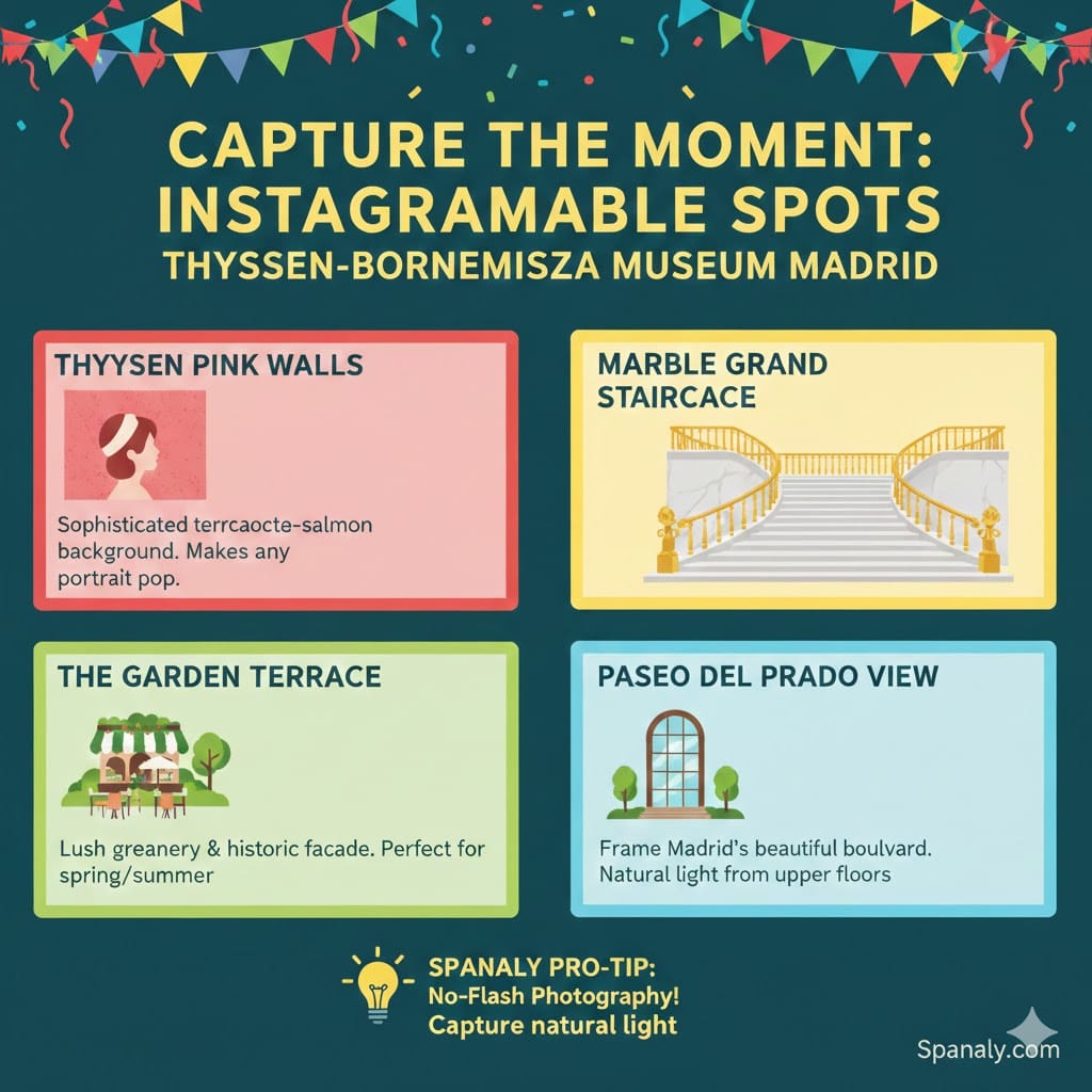 Infographic guide to the most Instagrammable spots at Thyssen-Bornemisza Museum Madrid, including the Pink Walls, Marble Staircase, and Garden Terrace.