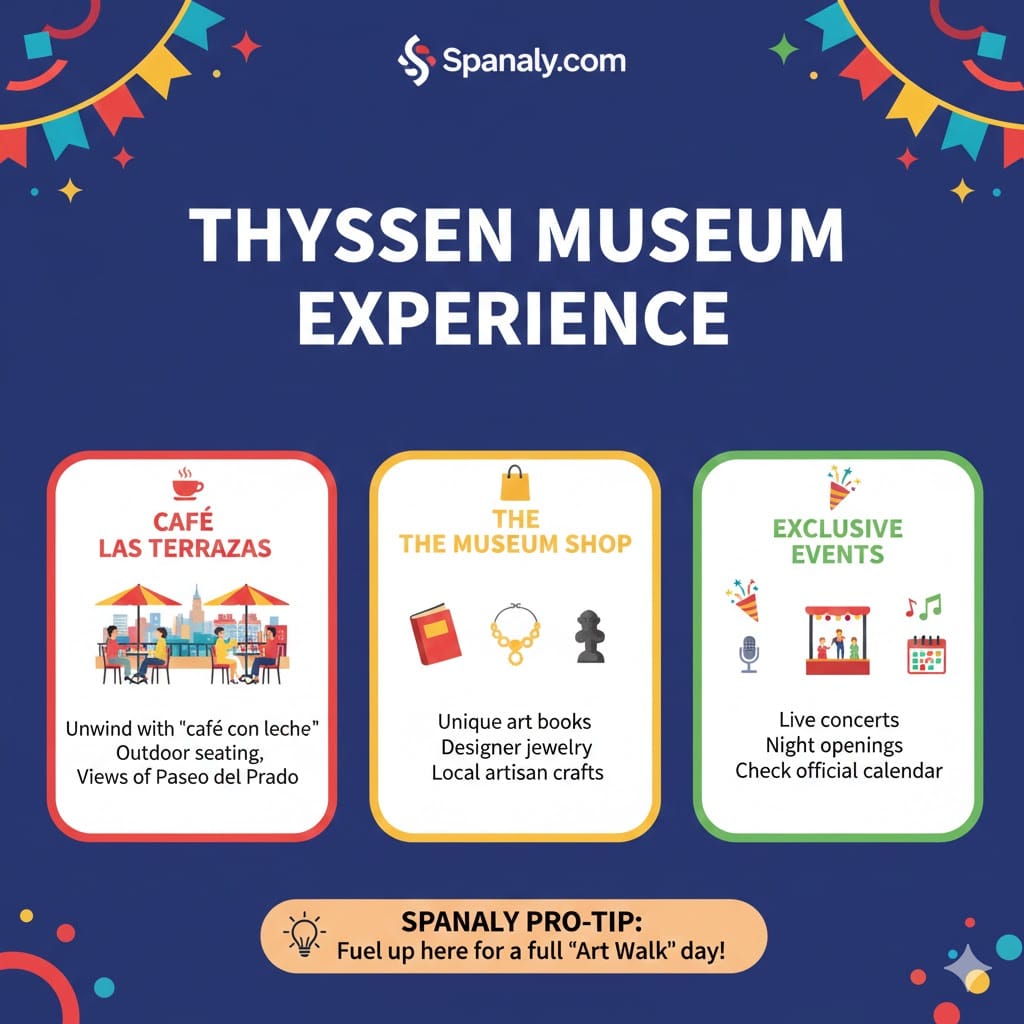 Infographic showcasing the Thyssen-Bornemisza Museum experience including Café Las Terrazas, the museum shop for art gifts, and exclusive cultural events.