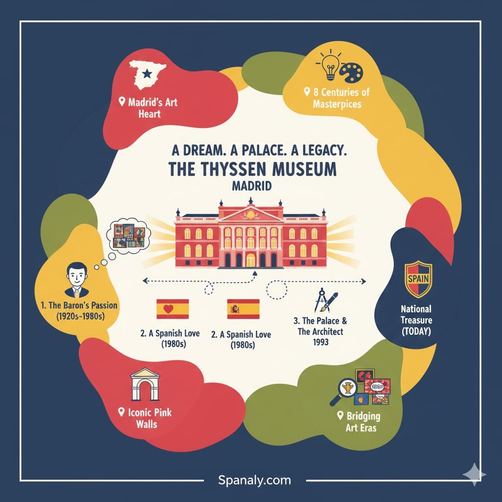 Infographic showing the history of Thyssen-Bornemisza Museum Madrid, featuring the Baron's passion, the Villahermosa Palace architecture, and the iconic pink walls.