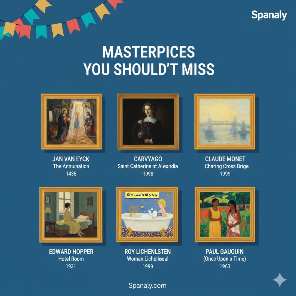 Creative art gallery showcase of Thyssen-Bornemisza Museum Madrid masterpieces including Jan van Eyck, Caravaggio, Monet, Hopper, Lichtenstein, and Gauguin.