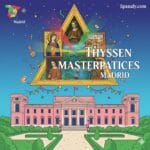 A creative artistic illustration of the Thyssen-Bornemisza Museum in Madrid, featuring iconic masterpieces in a golden triangle, a map of Spain pointing to Madrid, and the museum's historic facade.