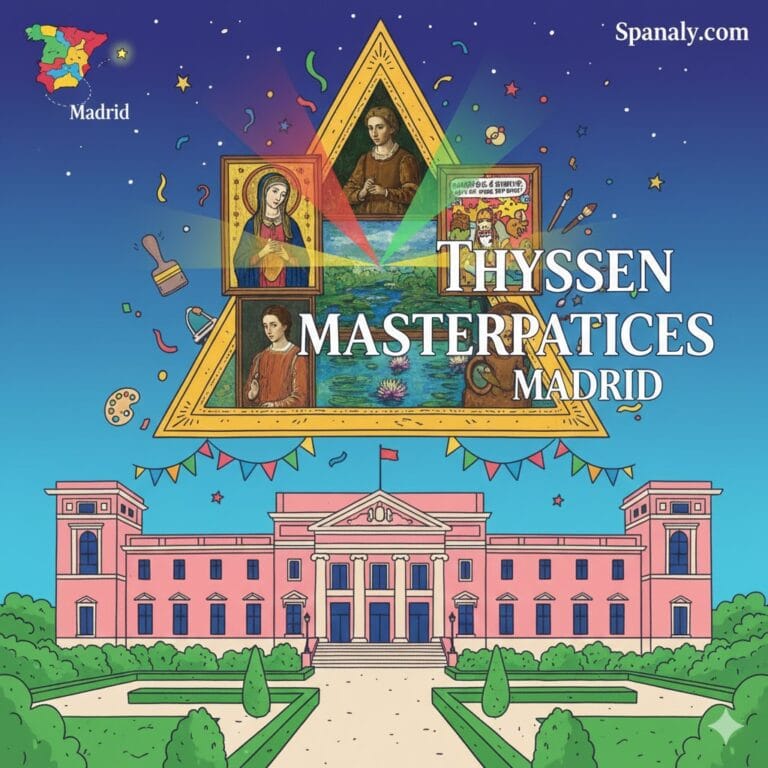 A creative artistic illustration of the Thyssen-Bornemisza Museum in Madrid, featuring iconic masterpieces in a golden triangle, a map of Spain pointing to Madrid, and the museum's historic facade.