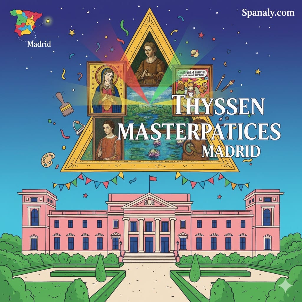 A creative artistic illustration of the Thyssen-Bornemisza Museum in Madrid, featuring iconic masterpieces in a golden triangle, a map of Spain pointing to Madrid, and the museum's historic facade.