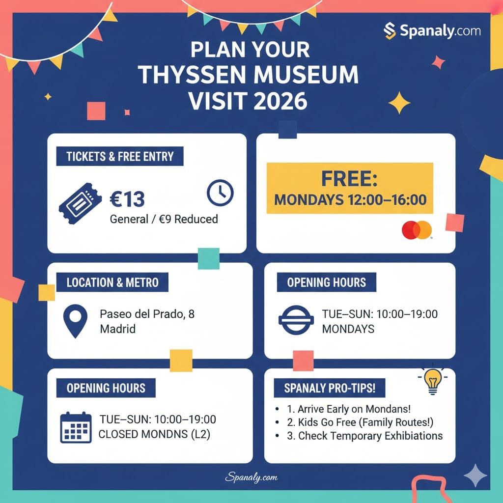 Infographic showing Thyssen-Bornemisza Museum Madrid visiting guide for 2026, including ticket prices, free entry hours on Mondays, and expert Spanaly pro-tips.