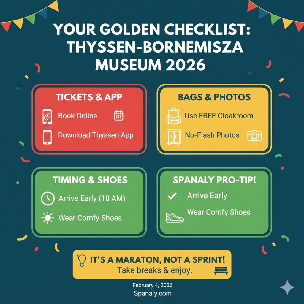 A colorful infographic checklist for visiting Thyssen-Bornemisza Museum Madrid, featuring tips on booking online, bag policy, photography rules, and comfortable footwear.