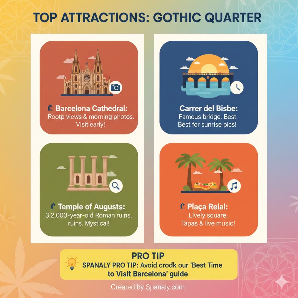 Infographic showing the top 4 attractions in Barcelona's Gothic Quarter: Barcelona Cathedral, Carrer del Bisbe, Temple of Augustus, and Plaça Reial.